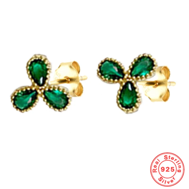 

925 Sterling Silver 14k Gold-plated Clover Stud Earrings for Women Emerald Zircon Court Style Simple Earrings Fashion Jewelry