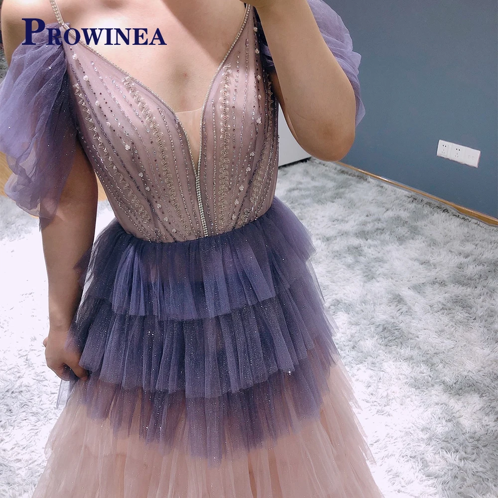 

PROWINEA Glitter Tiered Ruffles Purple Evening Dress 2023 Luxury Dubai Beaded Long Formal Party Gowns for Women Wedding Vestidos