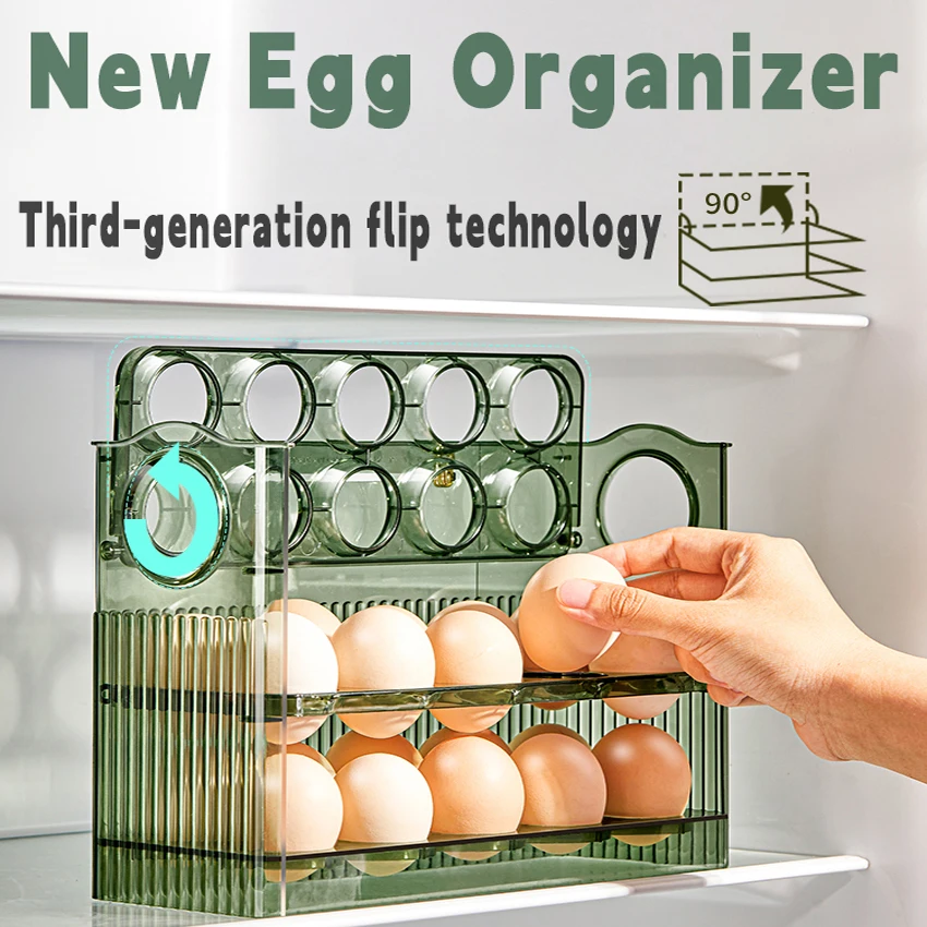 

2-Piece Egg Organizer Storage for Kitchen Refrigerator Side Door Organizer Auto Flip Kitchen Egg Tools 60 Eggs Fridge Organizer