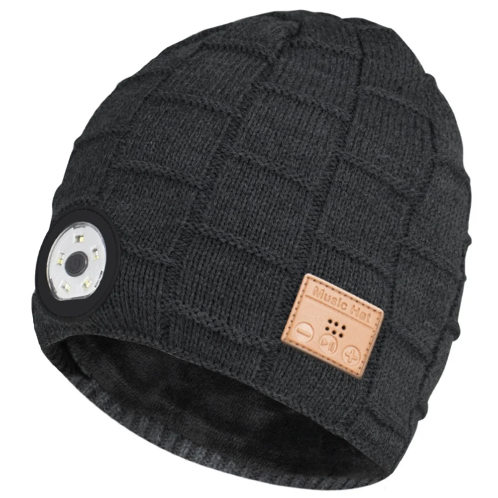 

Beanie Bluetooth Hat with LED Light Wireless Musical Knitted Cap with Headphone Stereo Speakers & Mic for Running,A