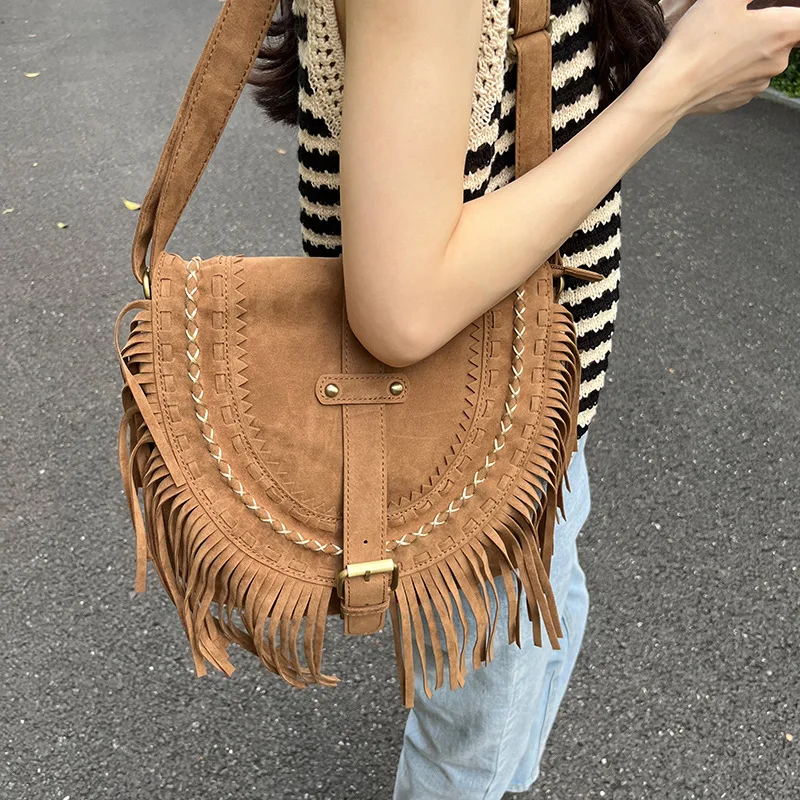 

Women Faux Suede Tassels Bag Retro Nubuck PU Leather Shoulder Messenger Bags Female Casual Purses Travel Crossbody Saddle Bag