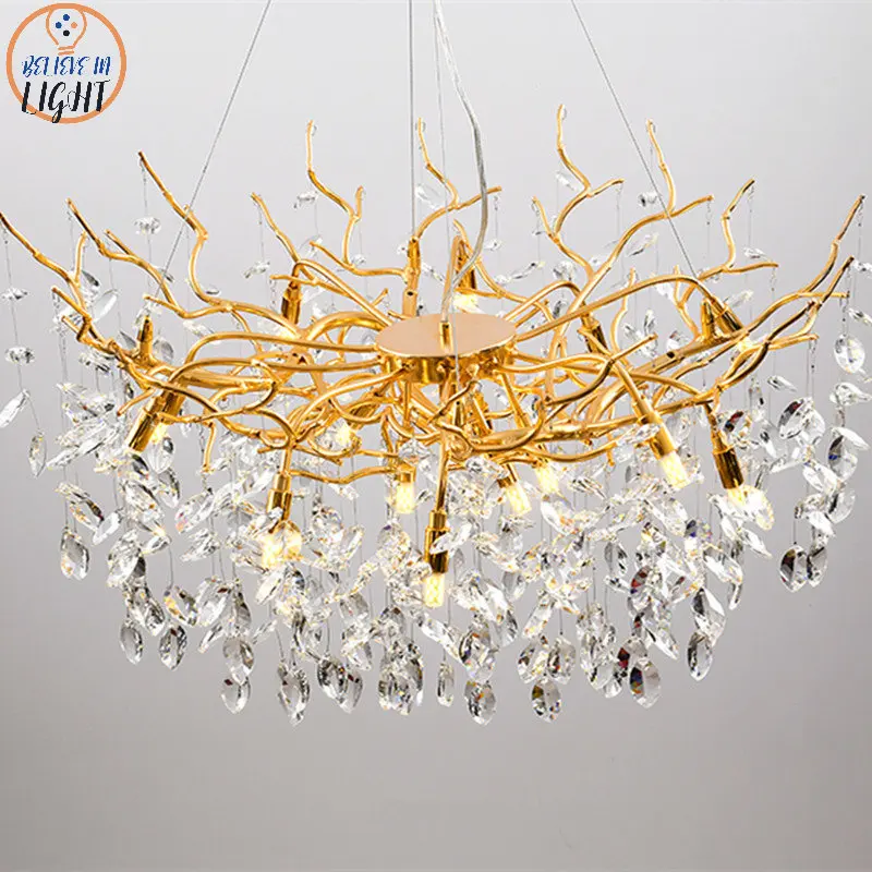 

American Gold Branch Chandelier Crystal Luxury Dining Room Living Room 110V/220V Led Hanging Chandelier Lighting Designer Lamp