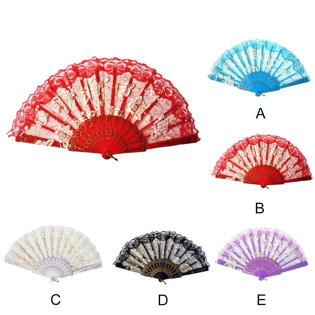 

Vintage Hand Held Fan Women'S Hollowed Bamboo Folding Fans Wedding Decoration Flower Rose Lace Pattern Chinese Style For Dancing