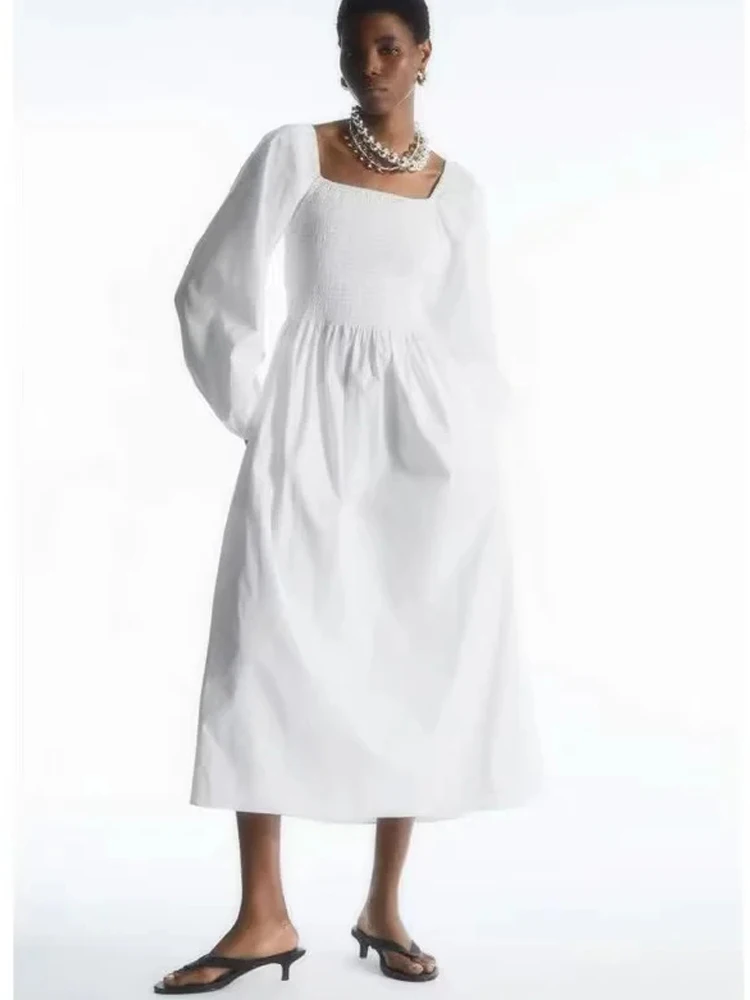 

PB&ZA couture fashion leisure a word shoulder shrinkage plait lantern sleeve white dress