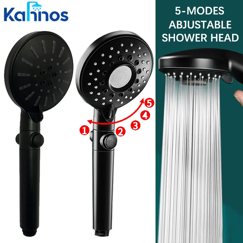

Power Shower Head Black 5 Mode Flow Adjust Shower Watering Can with Hose Filter Holder Set Replete for Shower Accessories