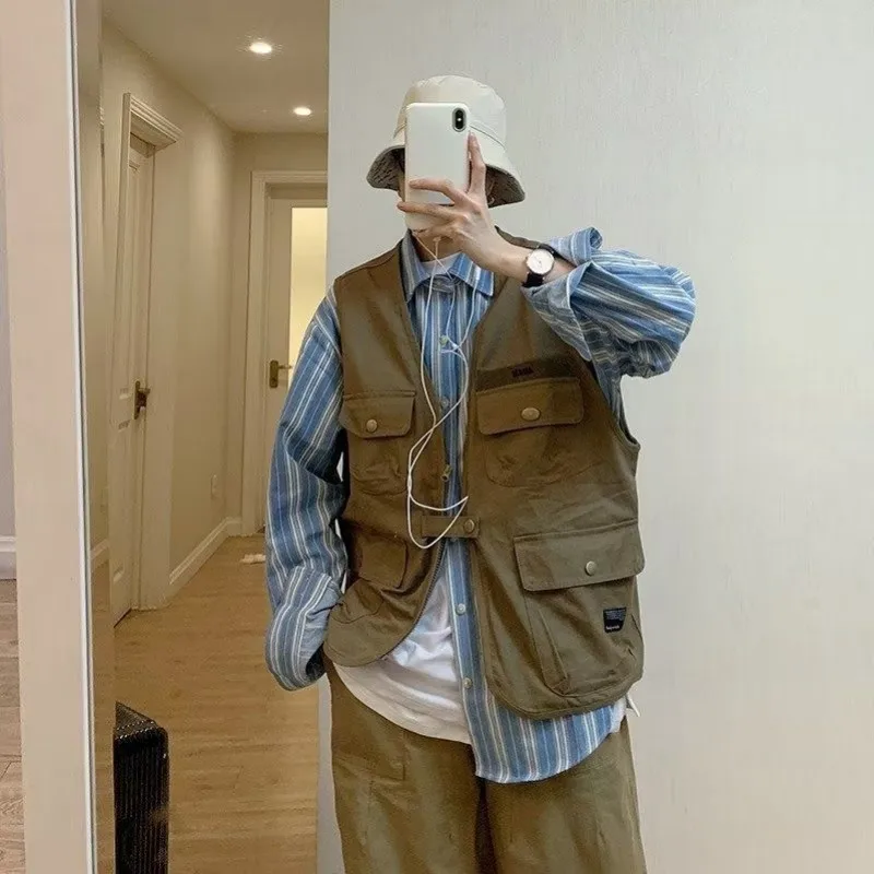 

Spring Summer Fashion Men's Sloid Cool Boy Casual Loose Safari Style Tess Button Vest Jacket Pocket Versatile Sport