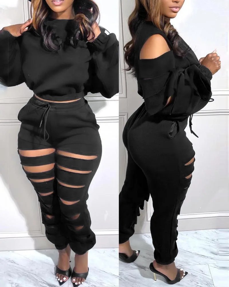 

Ladder Cutout Long Sleeve Top & Drawstring Pants Set Women 2pcs Clothes Suit Spring Summer Hollow Out Solid Color
