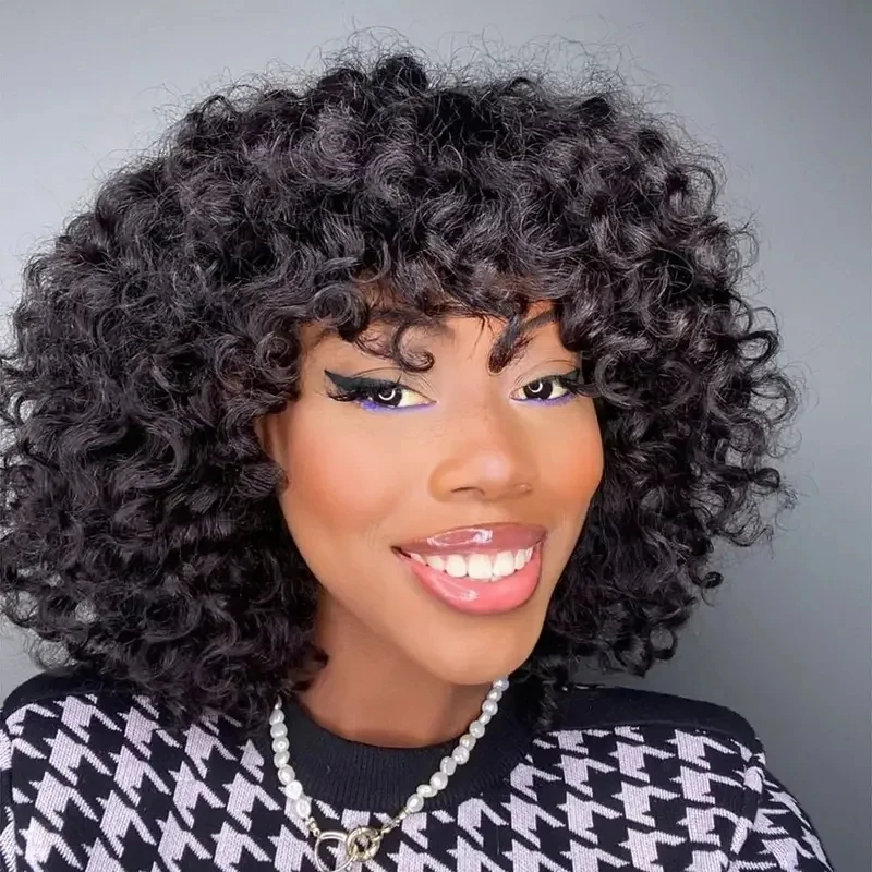 Фото Парик из натуральных волос 2026 Rose Curly Short Bob с челкой, полностью машинной работы, 250% плотность, для чернокожих женщин, бразильские волосы Remy JK753 №1