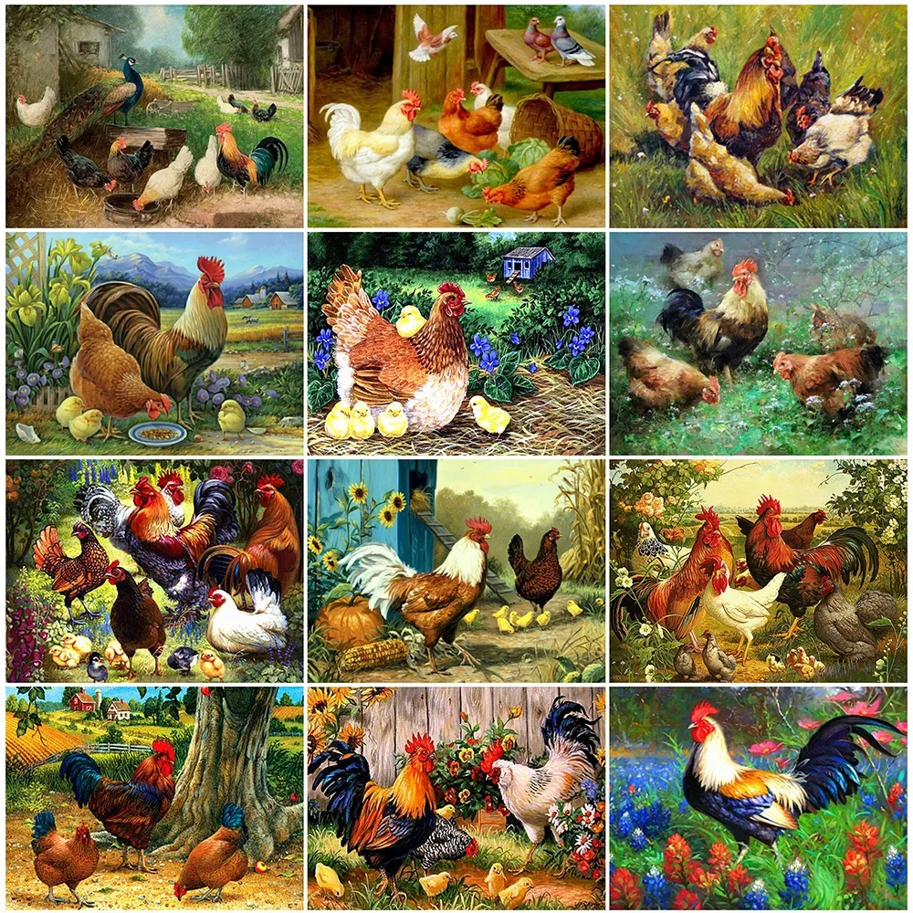 

Diamond Painting Animal Full Round Diamond Embroidery Chickens 5D DIY Rhinestones Mosaic Decor For Home