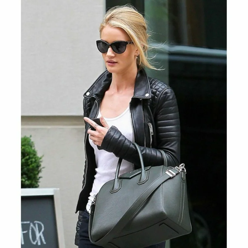 New Women Black Leather Quilted Jacket Rosie Huntington Whiteley Coat Fashion Outwear