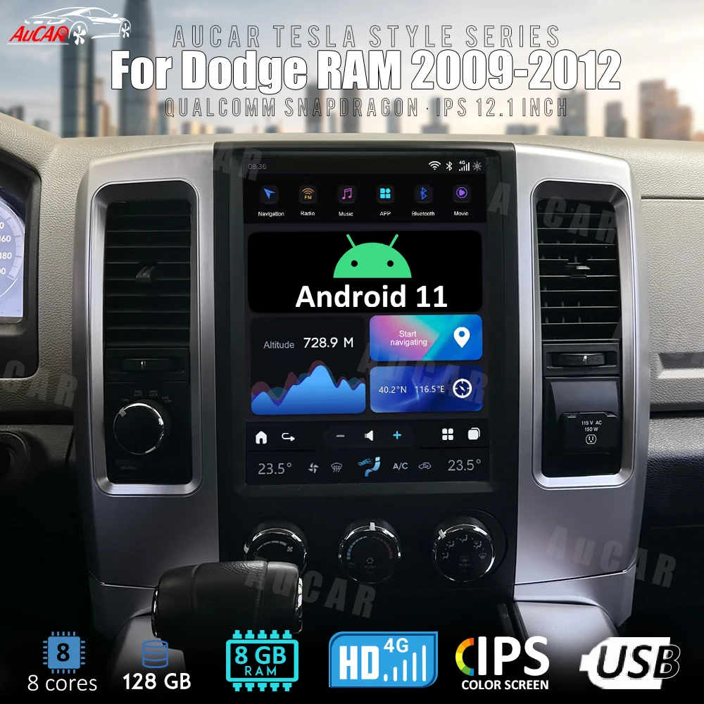 Автомобильное радио AuCar в стиле Tesla Android 11 12,1 дюймов для Dodge Ram 2009-2012 GPS навигация