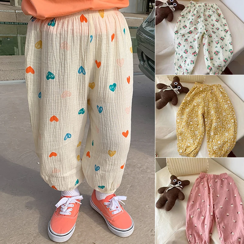 

Kids Pants Boy Girl Summer Linen Pleated Sunscreen Trousers Children Print Loose Anti Mosquito Pants Beach Ankle-length Pants