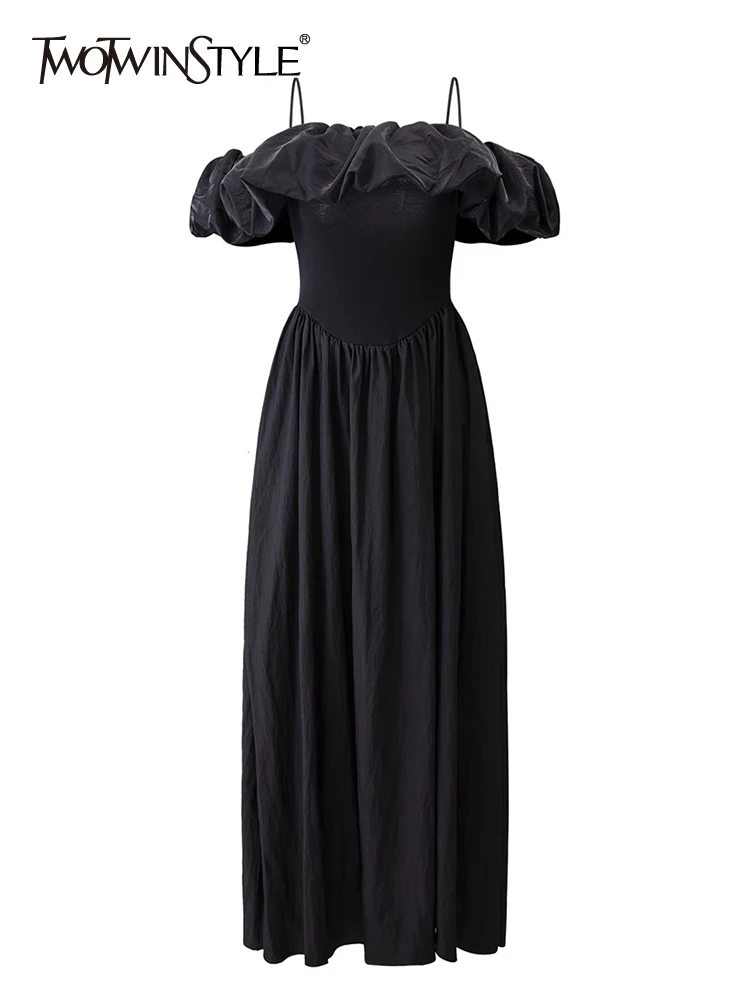 

TWOTWINSTYLE Solid Detachable Collar Dresses For Women Slash Neck Sleeveless High Waist Patchwork Folds Elegant Dress Female New