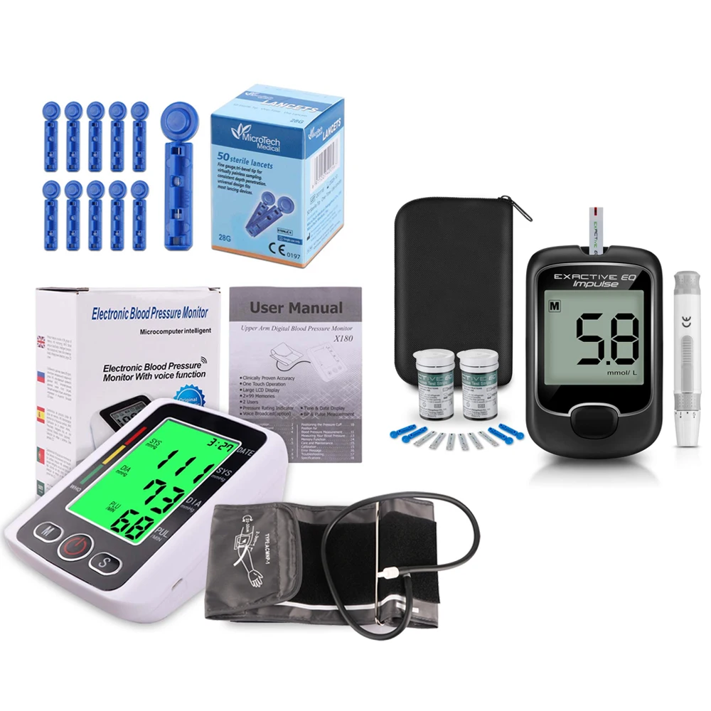 Voice Blood Pressure Monitor with Arm Cuff Tensiometro Tonometer Sphygmomanometer Blood Sugar Monitor Glucometro Strips Lancets