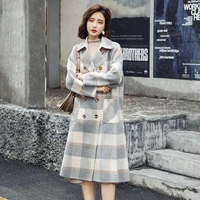 2022 spring new sweet plaid long coat women wide waisted wool jacket turn down collar pockets clothes temperament ladies fashion
