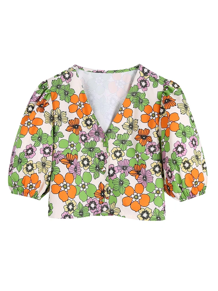 

Женские летние короткие рубашки Evfer в пляжном стиле с цветочным принтом, Женские топы с V-образным вырезом и коротким рукавом и высокой талие...