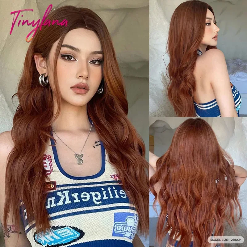 Длинные вьющиеся красно-коричневые синтетические парики средняя часть