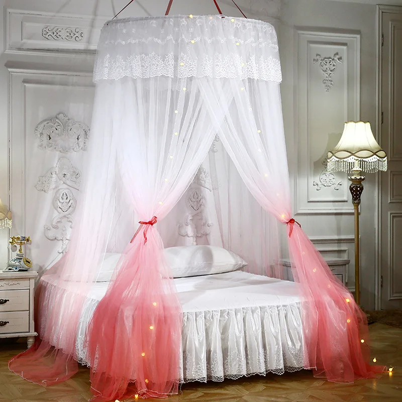 

Трехдверная искусственная градиентная потолочная напольная москитная сетка для кровати в дворцовом стиле, Бесплатная установка с цветным светом