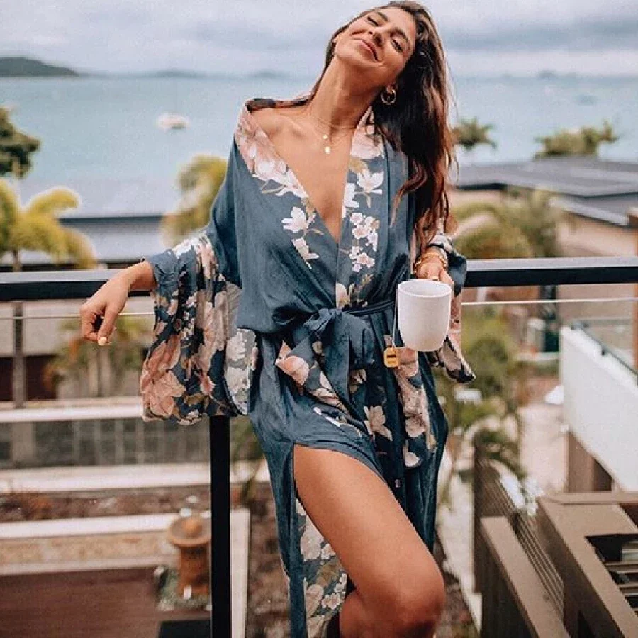 

Bohemian Peacock Flower Print Women Long Kimono Robe Shirt Lacing up Sashes Long Cardigan Loose Bikini Cover Blouse Tops Beach