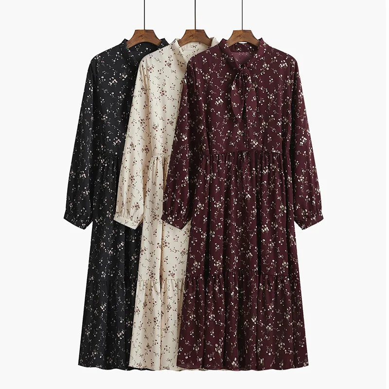 

Long Floral Dress French Vintage Waist Tucked Long Sleeve 2023