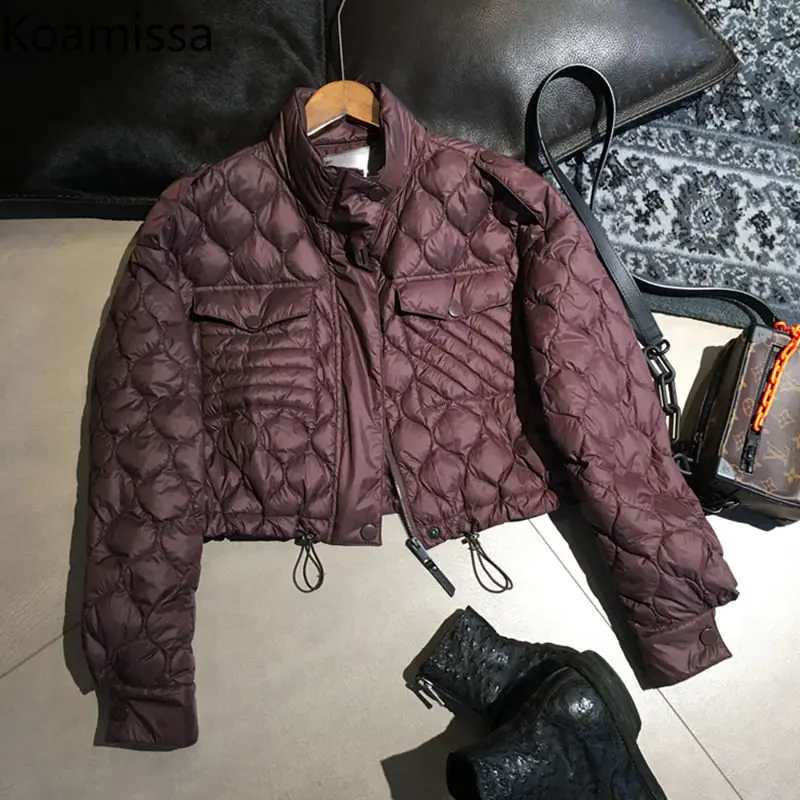 Koamissa Fashion Women Solid Parkas Ladies Thin Warm Winter Zipper Quilted Down Jackets Femme Outwear Wind Breaker Cropped Coats