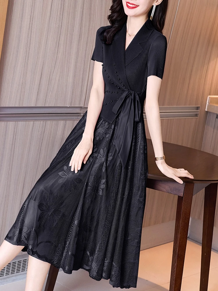 Летнее розовое Сетчатое ажурное платье средней длины в стиле пэчворк летнее