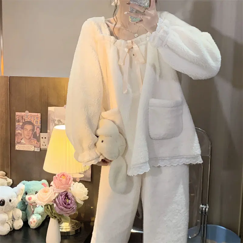 2021 Autumn Winter New Korean Version of The Lovely Sweet Princess Pajamas Warm Plus Velvet Nightgown Set Sleep Tops night gown