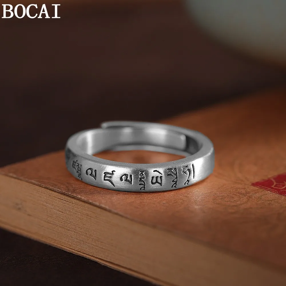 Фото Новое серебряное украшение BOCAI S990: регулируемое женское обручальное кольцо в ретро-стиле с буддийской мантрой из шести иероглифов №1