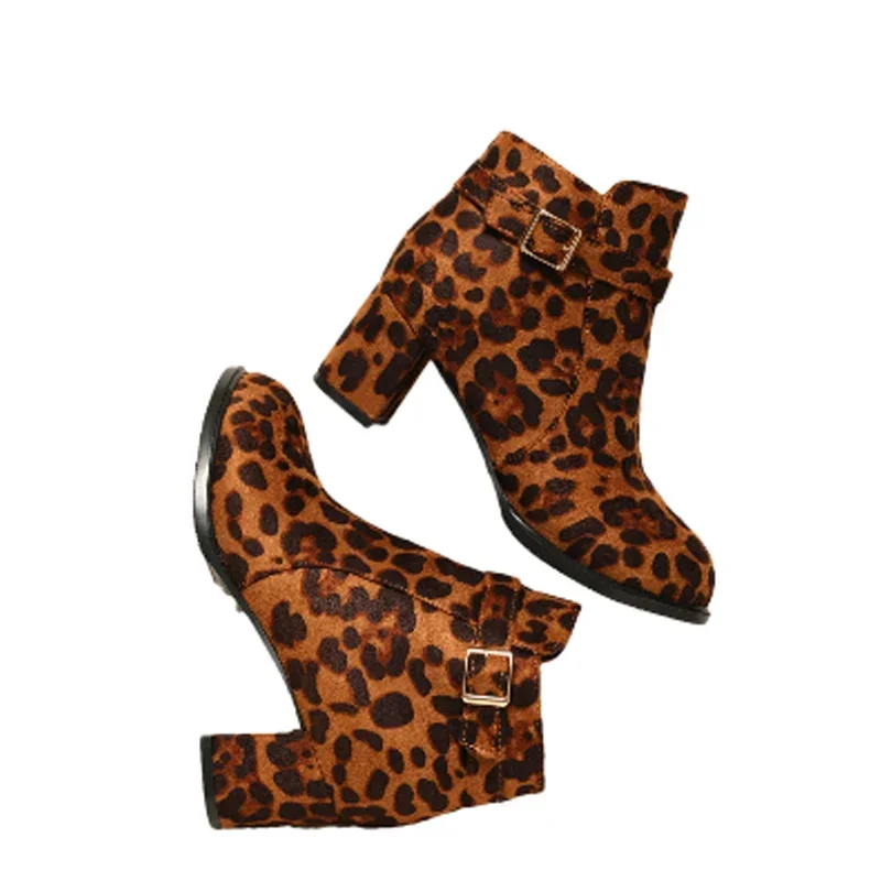 Leopard Suede Women Ankle Boots Mid Heels Chunky Shoes Women's Winter 2025 Trend New Fashion Designer Elegant Female