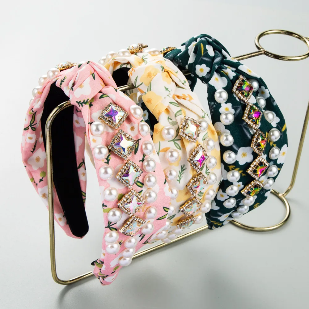 Fabric Headband Female Personality Creative Diamond-encrusted Pearl Knotted Headband Hair Accessories
