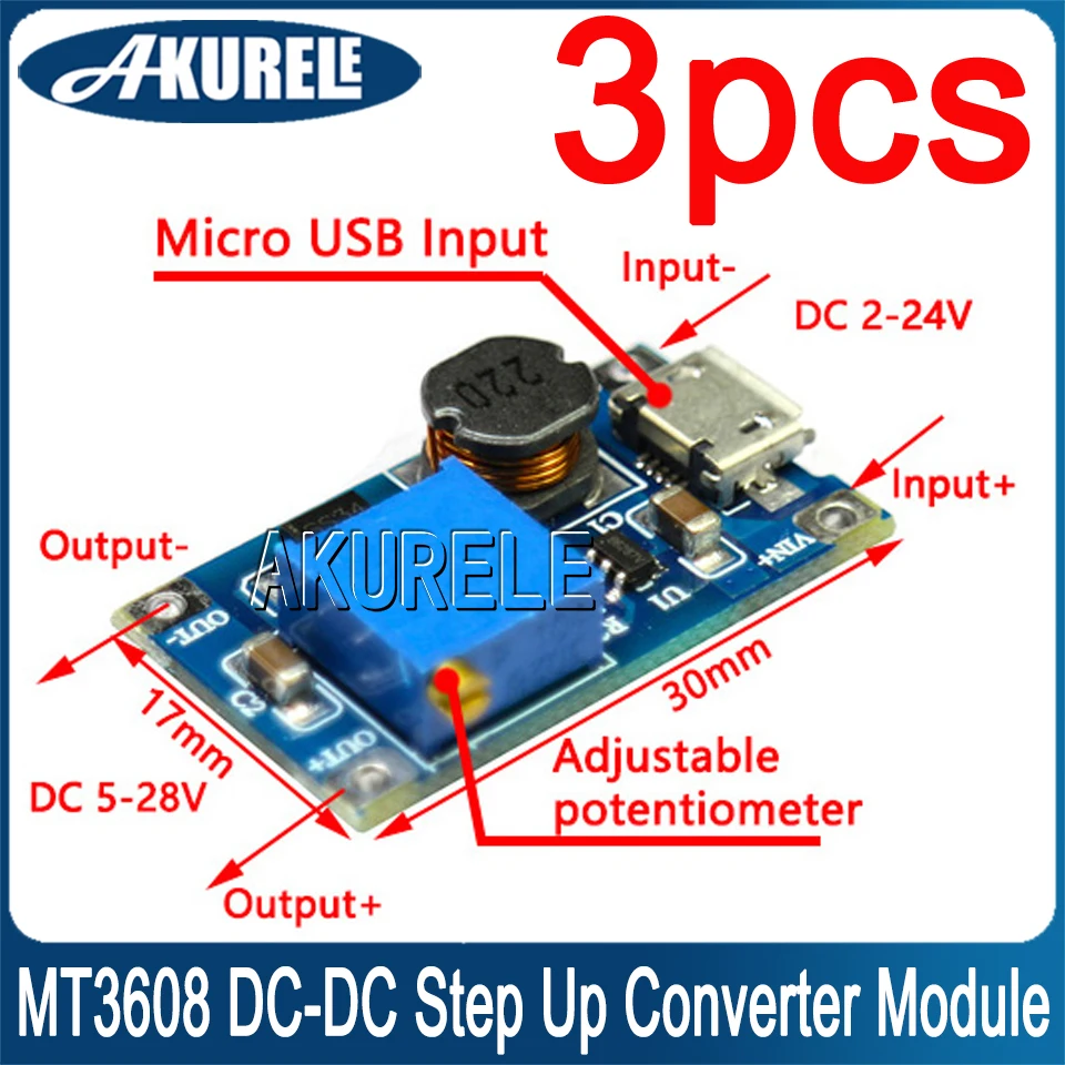 Модуль повышающего преобразователя MT3608 Micro USB, с 2-24 В до 5-28 в, плата бустера питания, максимальный выход 28 в 2 А