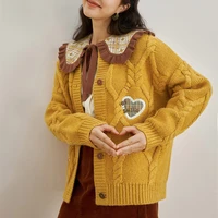 2022 autumn and winter embroidered solid color cardigan womens sweater coat thickened loose literary retro knitted sweater