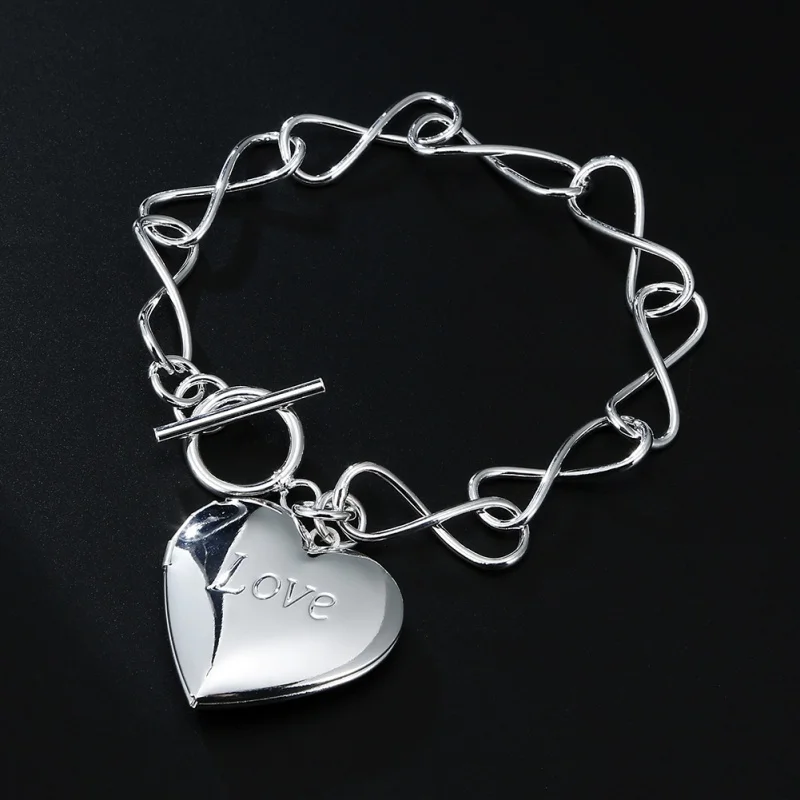 

European and American Fashion Copper Plating925Silver Women's Heart8Word Heart Photo FrameLOVEBracelet Jewelry Charm Gift Couple