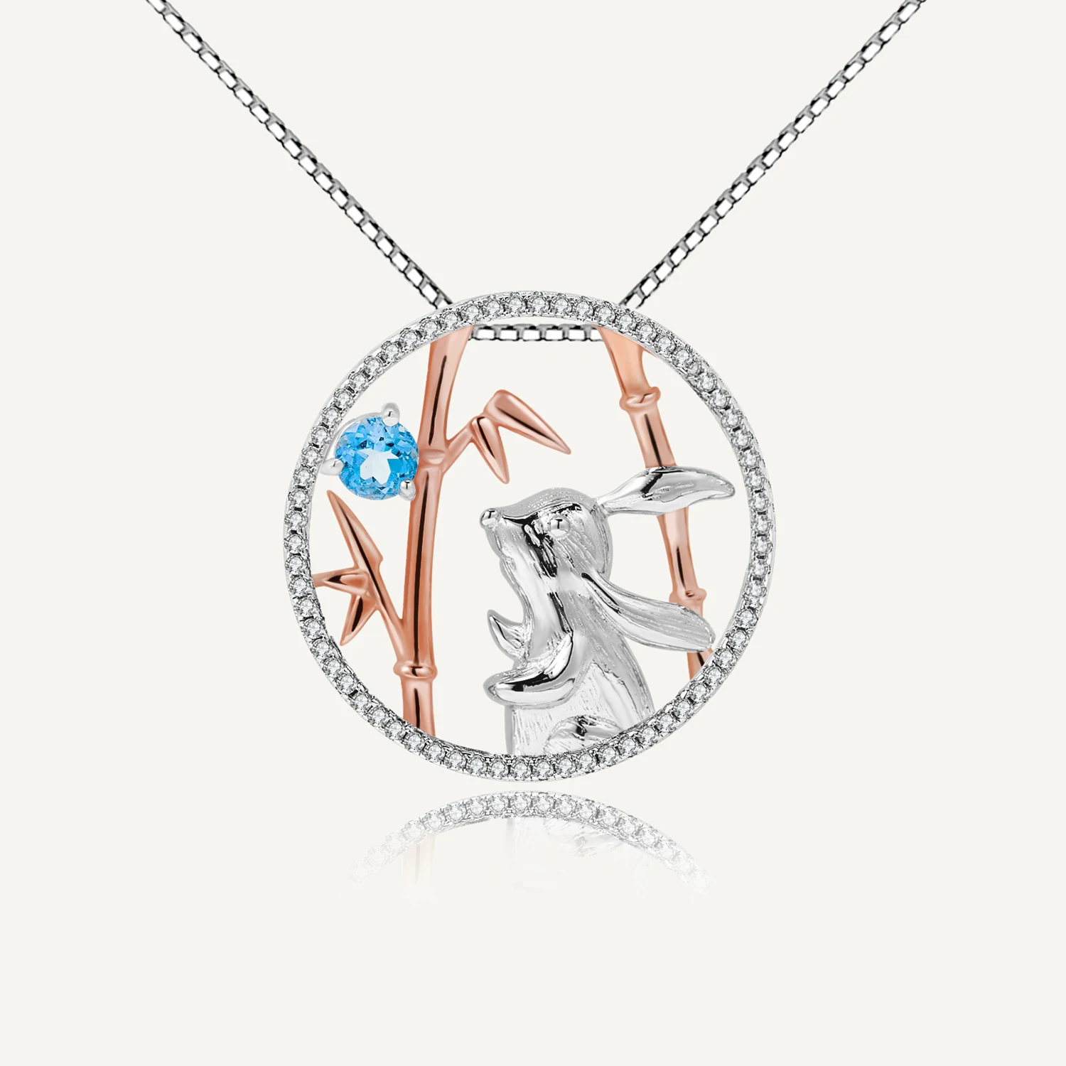 

GEM'S BALLET Natural Swiss Blue Topaz Gemstone Animal Jewelry Real 925 Sterling Silver Rabbit Bamboo Pendant Necklace For Women