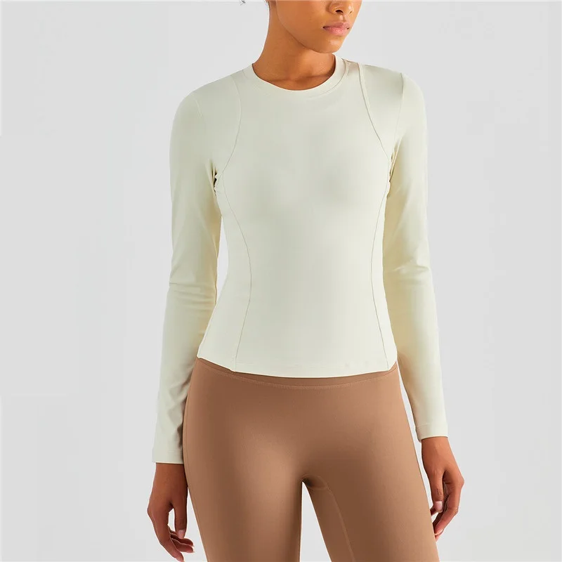 Solid Color Crew Neck Women Fitness Long Sleeve Yoga Shirt  Slim Fit Quick-drying Sport Top Yoga Shirt Gym Comprehensive Trainin
