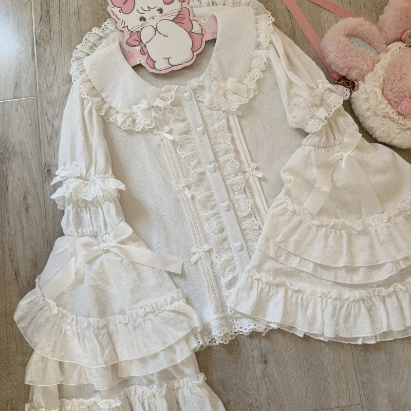 Фото Женские японские рубашки в стиле Sweet Lolita, винтажные блузки Y2K с кружевом и бантом, с отстегивающимися рукавами, одежда для девочек, милые топы Kawaii №3