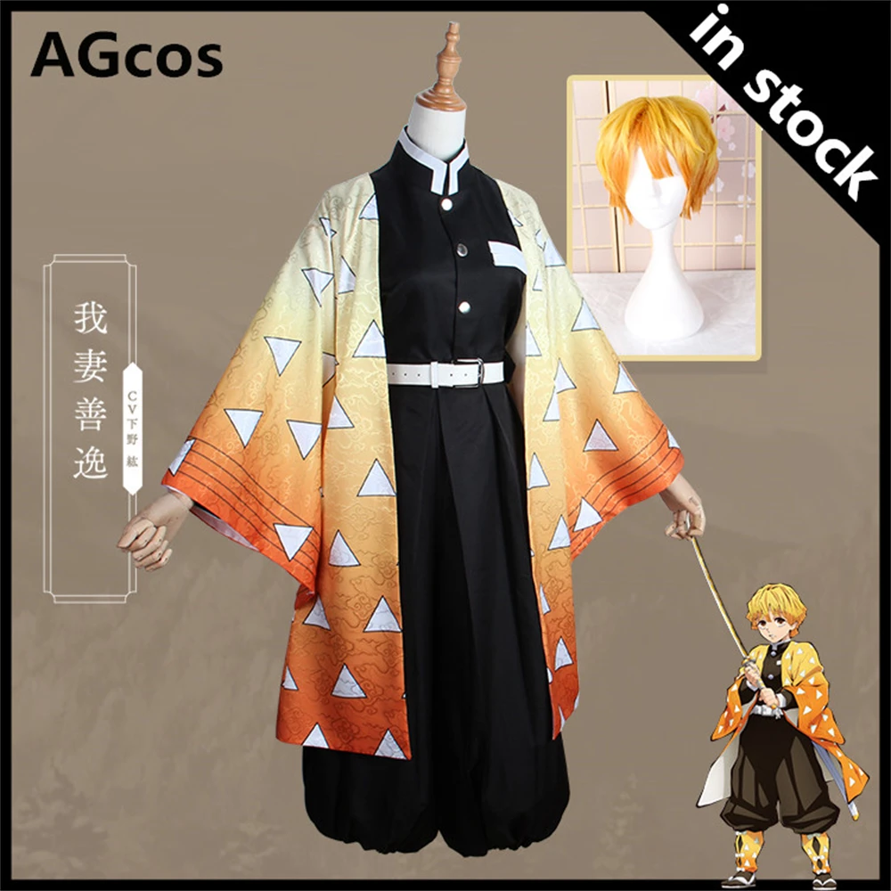 

AGCOS In Stock Anime Demon Slayer Agatsuma Zenitsu Cosplay Costume Male Christmas Cos Dress Suits Kimono Costumes