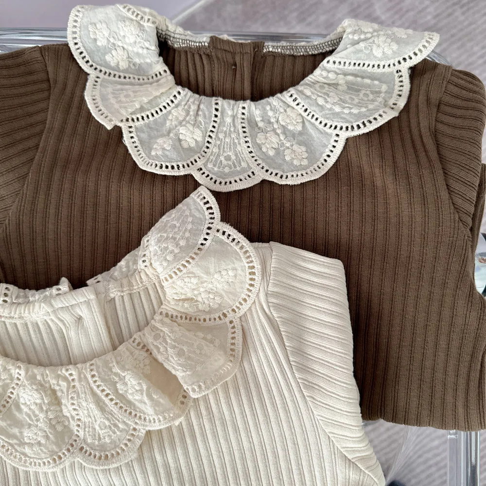 Рубашки для маленьких девочек с кружевным воротником Футболка в рубчик Детская