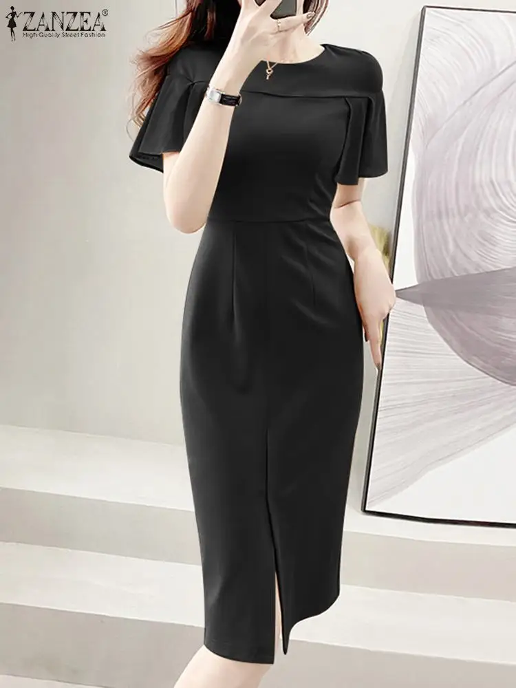 

Fashion Women Sheath Dress ZANZEA Elegant Ruffles Stitching Ruffle Sleeve Slim Fit Knee-length Dresses Ladies Sexy Party Vestido