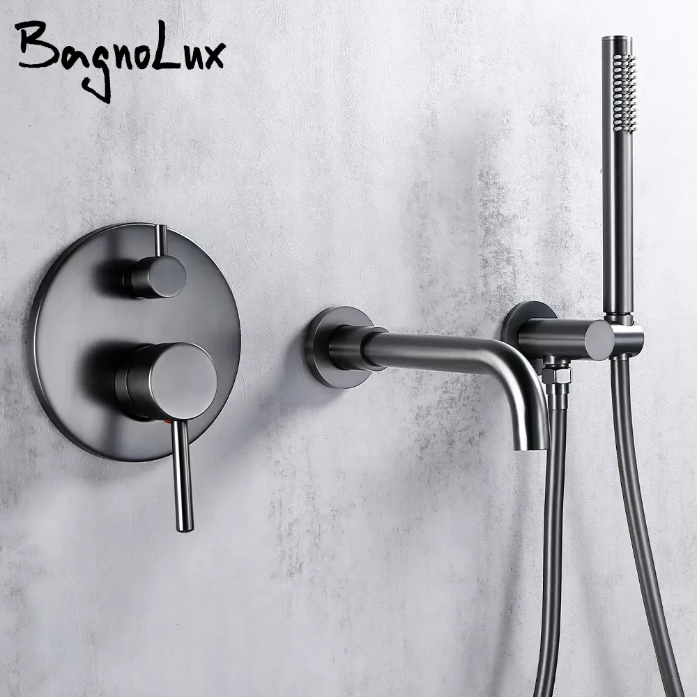 

Bathtub Mixer Tap Set Shower Hot And Cold Bathroom Faucet Brushed Stanless Steel Diverter With Wall Mount Spout Handheld Hose