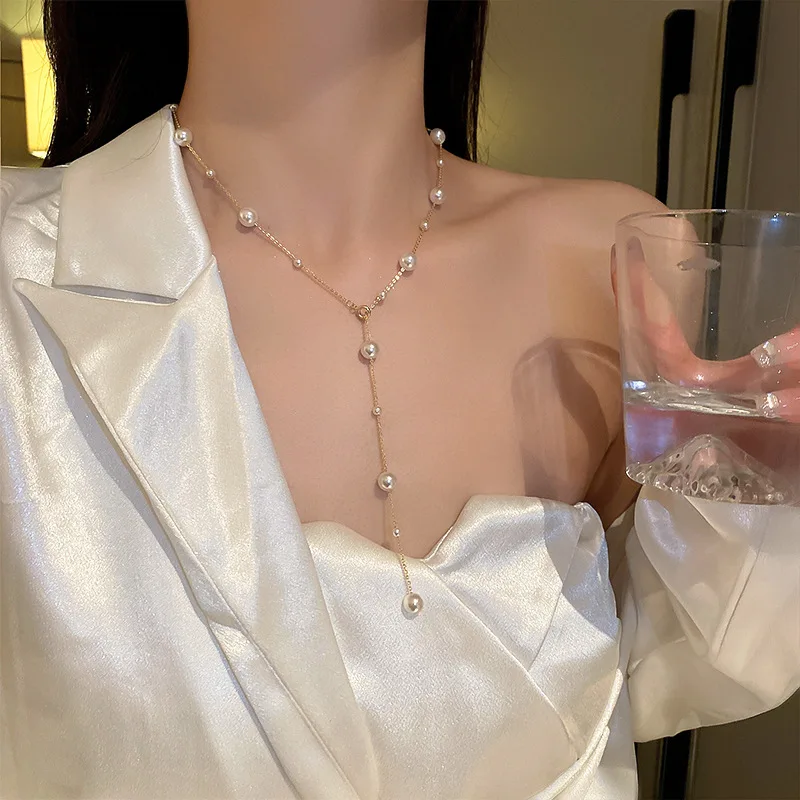 Women Sexy Fashion Pearl Tassel Long Pendant Necklace Adjustable Chain Temperament Korean Fashion Sweet Choker Collar Jewelry