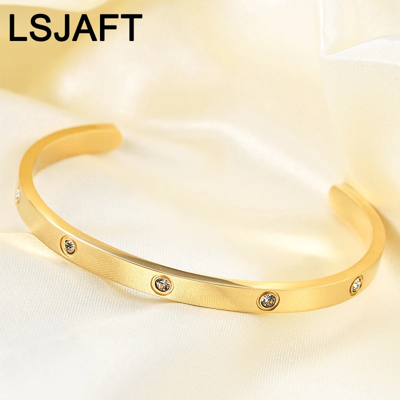 

Ins Fashion Gold Plated Stainless Steel Cubic Zircon Cuff Bangle Women Girls Bracelet Adjustable Jewelry Gift Party Wedding