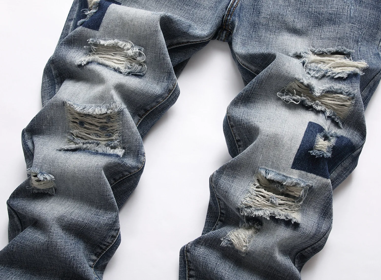 New Mens Jeans Personalized Fashion Holes Retro Slim High Street Jeans Spring Autumn Full Length Denim Ripped Jeans Without Belt