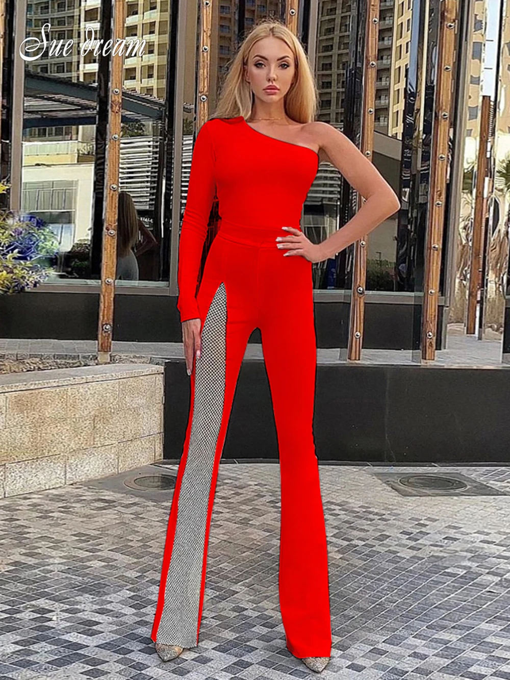 

2021 New Summer Women's Sexy One-shoulder Long-sleeved Bodycon Bandage Dress Elegant Shiny Patchwork Wide-leg Jumpsuit