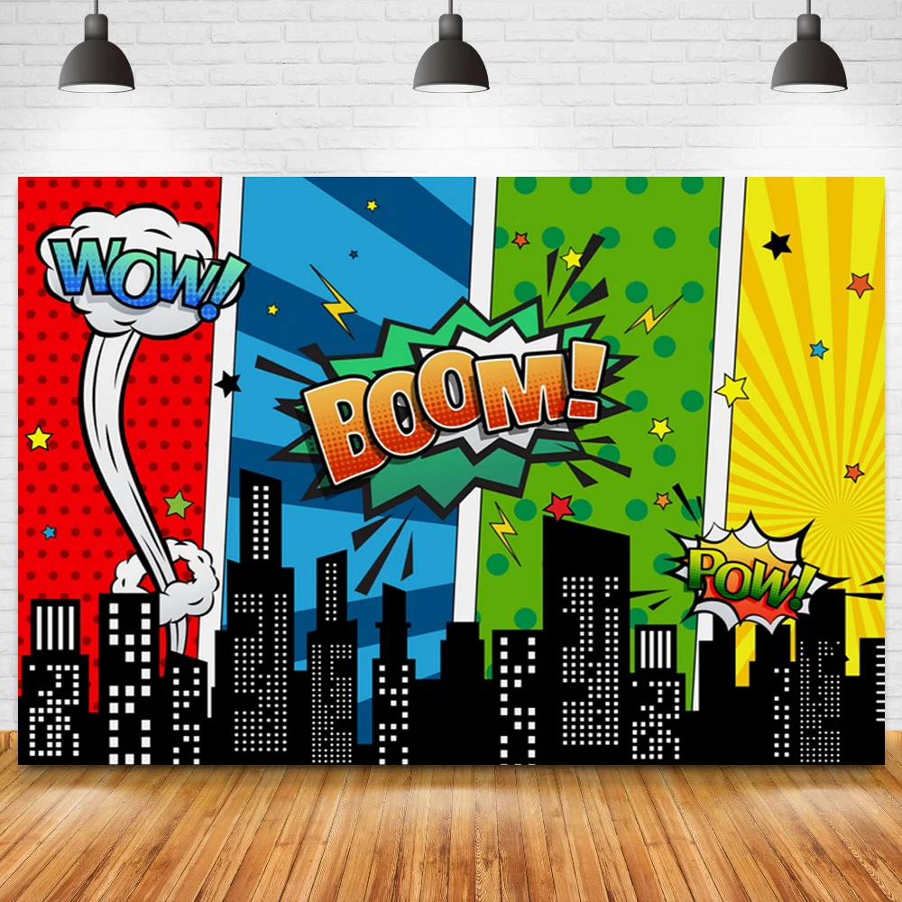 

Boy Birthday Boom Party Backdrop Night Building Wow Happy Birthday Photo Background Photocall Poster Props