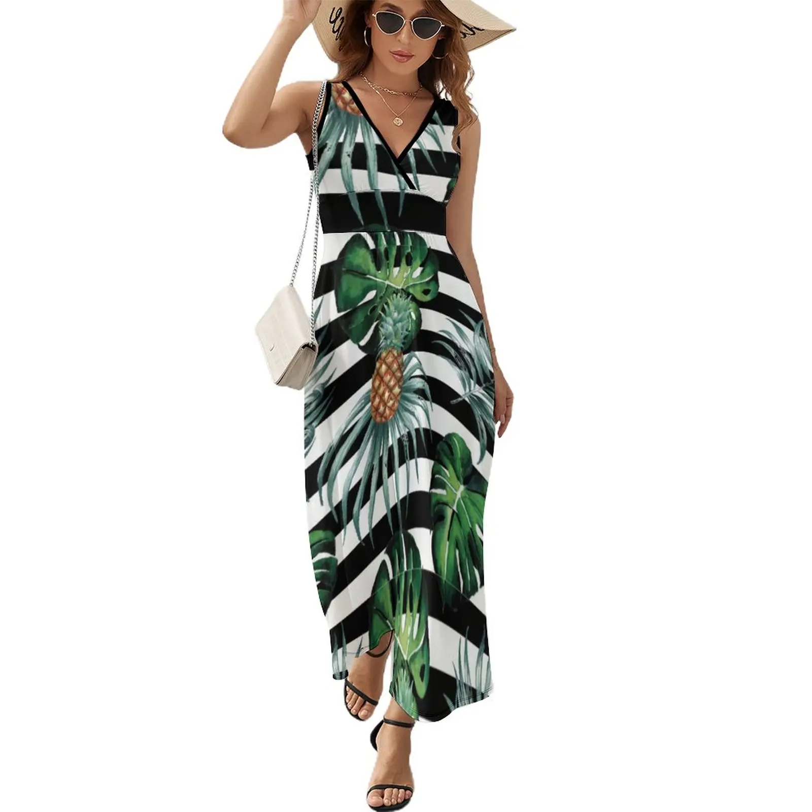 

Tropical Pineapple Dress Black Stripes Print Elegant Maxi Dress Aesthetic Boho Beach Long Dresses High Waist Oversized Vestido