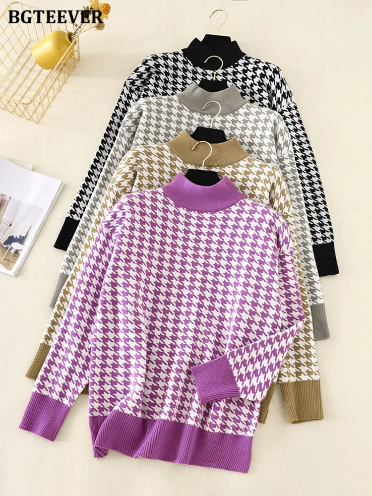 

BGTEEVER Autumn Winter Turtleneck Women Sweaters Pullovers Casual Full Sleeve Loose Plaid Knitted Pullovers Female Knitwear
