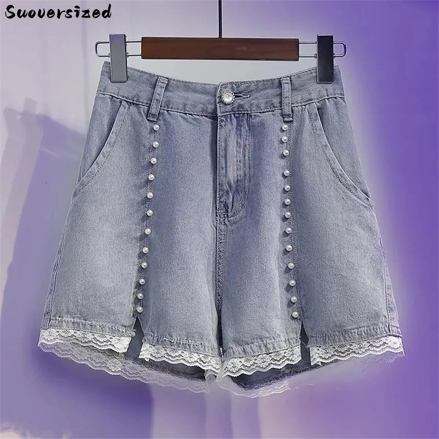 High Waist Beading Lace Eans Shorts Summer Wigh Leg Denim Short Fashion Pantalones Cortos Oversize 5xl Baggy Vaqueros Blue Pants