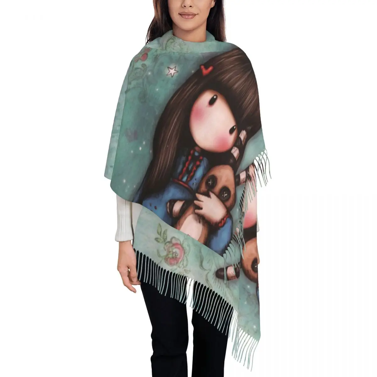 

Ladies Long Gorjuss Hush Little Bunny Scarves Women Winter Fall Thick Warm Tassel Shawl Wraps Santoro Cartoon Scarf