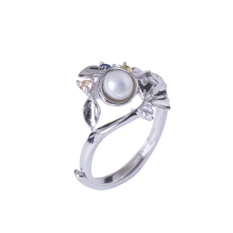 925 Sterling Silver Retro Freshwater Pearl Branch Rings for Women Chinese Style Zircon Leaf Adjustable Open Ring Wholesale JZ059